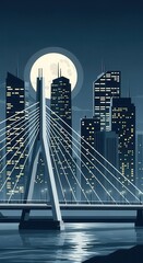 Modern city skyline featuring a cable-stayed bridge illuminated against a large full moon.