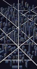 Abstract geometric lines intersect over a dense, stylized urban environment at night