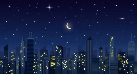 Illuminated metropolitan skyline stretches beneath a dark, starry night sky featuring a crescent moon