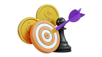 Dart hitting target with money and chess piece