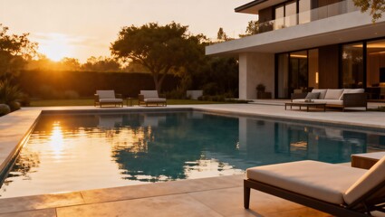 ゴールデンアワーの暖かな光が映る高級住宅裏庭プールの写真