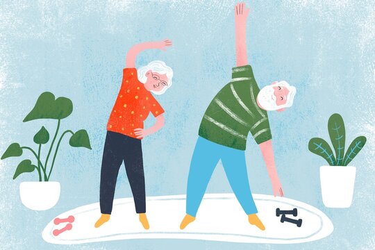 Senior Couple Working Out at Home &ndash; Healthy Lifestyle and Fitness