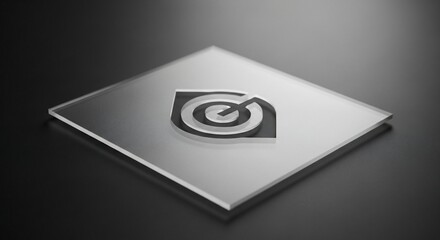 A sleek metallic square object featuring a stylized target logo on a dark, reflective surface.