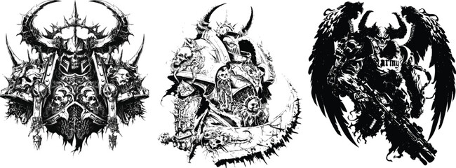 Obraz premium Triumphant Warrior Trio: A fierce trio of formidable warriors, each a symbol of strength and battle, are captured in striking black and white details.