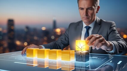 Businessman Arranging Glowing Cubes on Futuristic Digital Display finance growth
