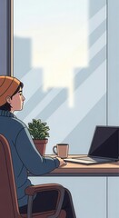 Young person wearing a knit cap gazes out a brightly lit window while sitting at a desk with a computer