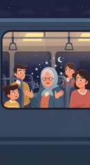 Elderly woman shares a magical story with young passengers inside a moving public vehicle at night