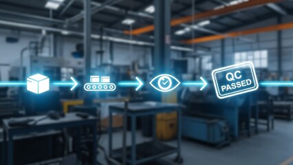 Factory production line with quality control icons and blurred industrial background industry