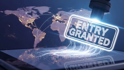 Entry Granted Stamp Over World Map with Global Connections 