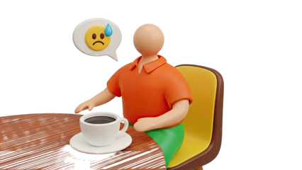 3D character looking stressed with coffee and sad emoji bubble