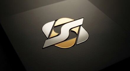 A sleek, modern 3D rendered metallic logo in silver and gold tones, featuring intertwined abstract shapes on a dark, textured background.