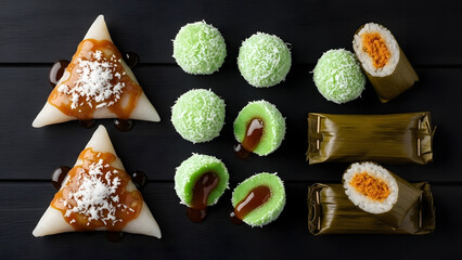Assorted traditional desserts displayed on a dark wooden table, showcasing various sweets and pastries from different cultures and cuisines.