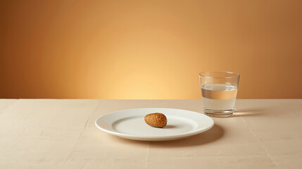 Minimalist Ramadan iftar table setting with white plate and copy space background