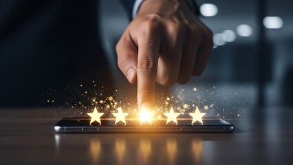 Hand rating a product or service with five glowing stars on a smartphone review five stars