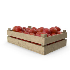 A wooden crate filled to the brim with ripe and red tomatoes on transparent background