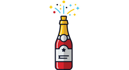 Colorful cartoon bottle with popping cork celebrating beverage, confetti, and splash.