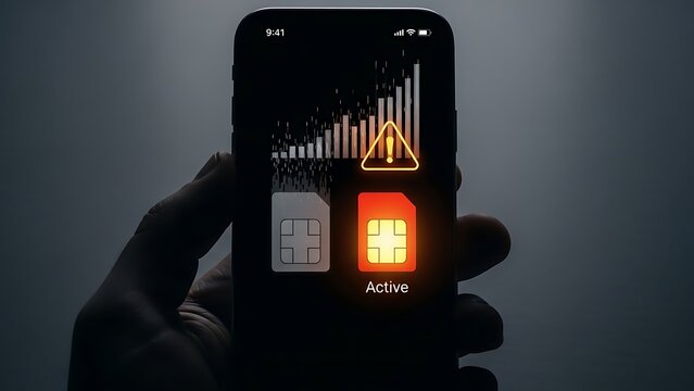 Hand holding smartphone showing active SIM card and signal strength graphic SIM card