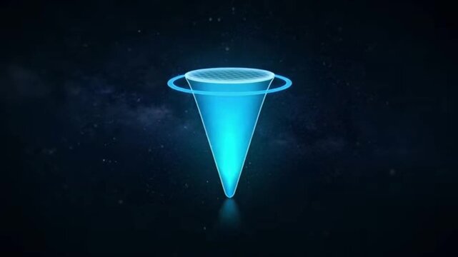 Glowing blue cone shape in a dark space, with a glowing ring around the top, seemingly futuristic