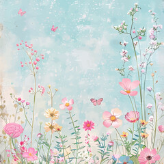 Whimsical Watercolor Wildflowers and Butterflies in a Pastel Meadow