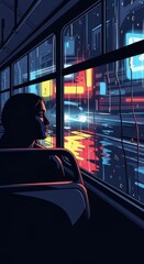 Solitary figure gazes out of a moving transit vehicle window during a nighttime downpour