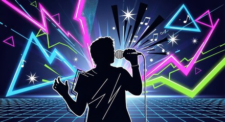 Silhouette of a performer singing into a microphone against a vibrant neon backdrop