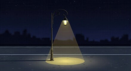 Ornate street lamp casts bright yellow illumination onto an empty pavement under a starry night sky