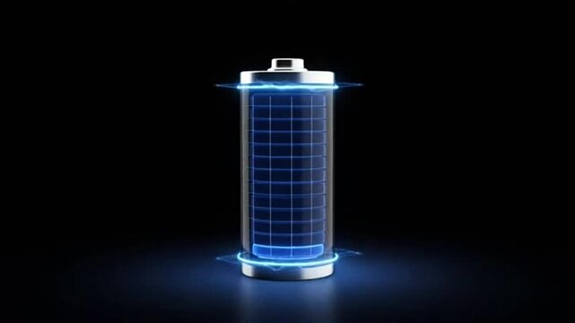 A glowing battery with a blue charge indicator and electricity, on a dark background