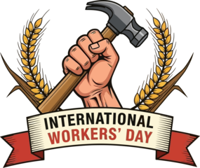 Hand holding hammer with International Workers' Day banner and wheat laurels