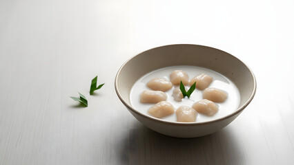 A bowl of creamy soup with dumplings and garnish on a white table