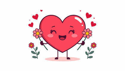 Cute heart character holding flowers with hearts around