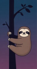 Adorable cartoon animal clings tightly to a dark tree trunk against a twilight sky