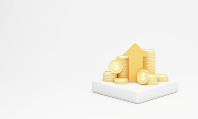 Upward arrow with coins and cash stack illustrating financial growth, smart saving, and investment progress toward long-term wealth. 3d rendering.