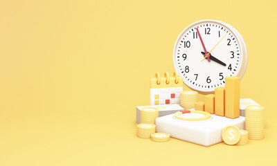 Clock, calendar, coins, and chart bars representing time management, financial planning, and consistent investment growth for the future. 3d rendering.