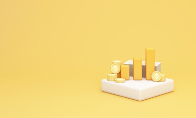 Minimal investment concept with stacked coins and growth bars representing savings, financial planning, and steady wealth accumulation over time. 3d rendering.
