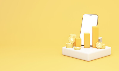 Mobile investment concept with smartphone, rising bars, and coins symbolizing digital finance, online investing, and modern wealth growth. 3d rendering.