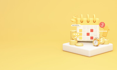 Calendar, clock, and coins illustrating scheduled investing, DCA strategy, and long-term financial growth through disciplined planning. 3d rendering.