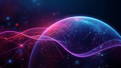 A vibrant digital sphere surrounded by glowing network lines and particles in a dark space