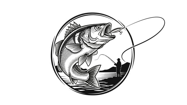 Black and White Fish Hook Illustration.