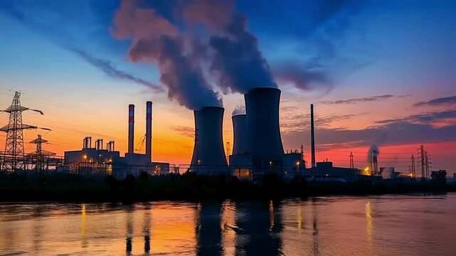 Nuclear Power Plant at Sunset | Industrial Power Generation at Dusk | Energy Production in a Nuclear Facility
