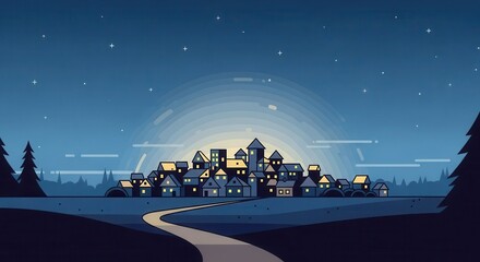 Distant illuminated settlement nestles under a vast night sky filled with stars