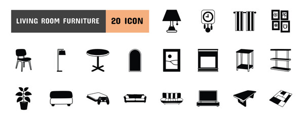 20 Living Room Furniture Glyph Icon Illustration Set