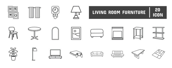 20 Living Room Furniture Line Icon Illustration Set
