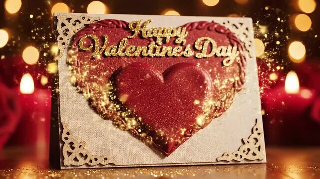A beautifully crafted greeting card featuring a prominent red, embossed heart design at its center, with elegant golden glitter text "Happy Valentine's Day" shimmering above. The card itself has a tex