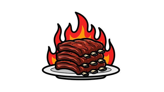 Grilled Ribs on Plate with Flames.