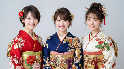 成人式の振袖を着た3人の女性たち