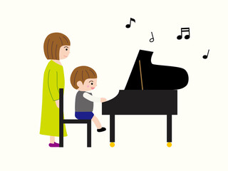 ピアノを弾く男の子と音符