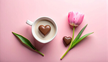 Romantic Pink Breakfast Scene With Tulip, Milk Cup And Heart Shaped Chocolates.