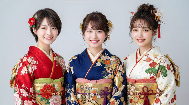 成人式の振袖を着た3人の女性たち