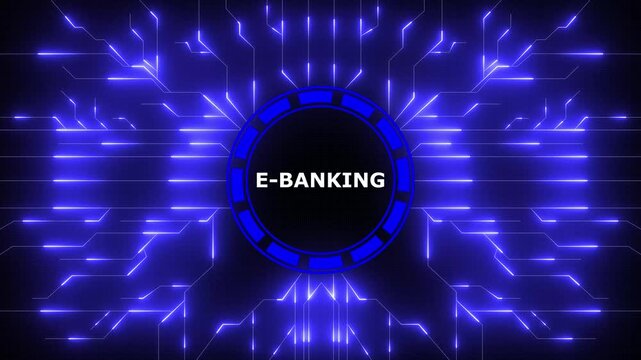 Futuristic e banking interface with glowing circuit board and blue digital background , 4k video