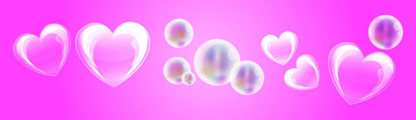 Playful and romantic composition of floating heart-shaped and circular transparent bubbles on a vibrant pink background with glossy 3D effects.